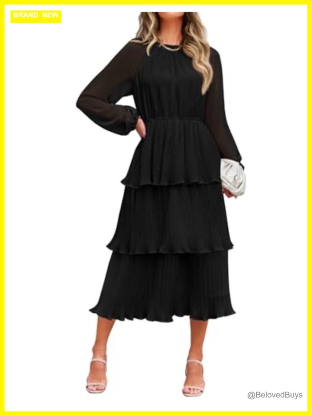 Chiffon Tiered Midi Dress Long Sleeve High Waist Ruffle Keyhole Back